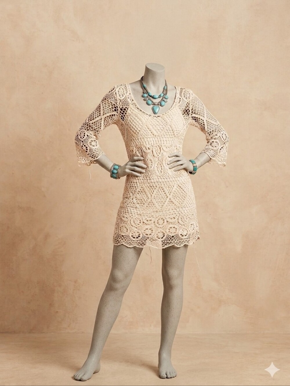 Boho Cream Crochet Lace Mini Dress / Swimwear Cover-Up - 3/4 Sleeves